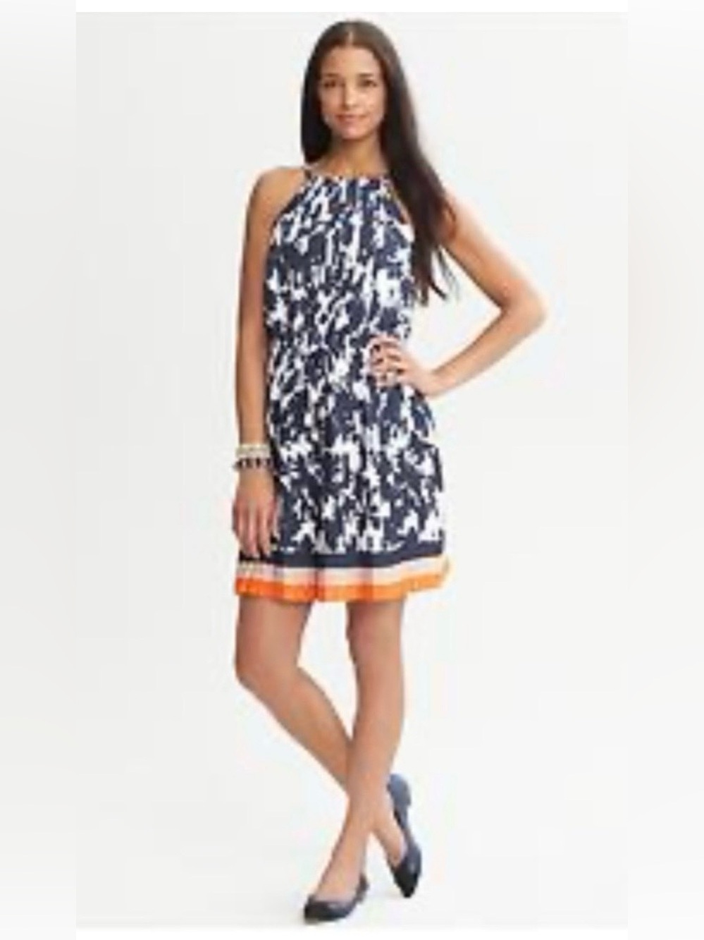 Banana Republic Eliza Pleated navy blue & orange  sleeveless dress